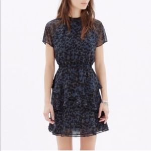 Madewell Blue Black Leopard Ruffle Dress